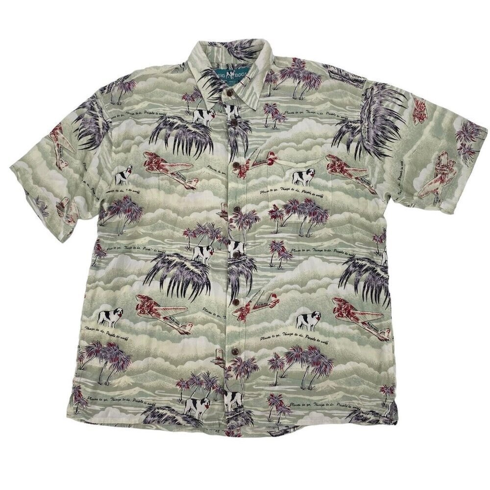 Big Dogs Hawaiian Shirt Mens Large Button Up Tropical Palm Trees Vintage USA